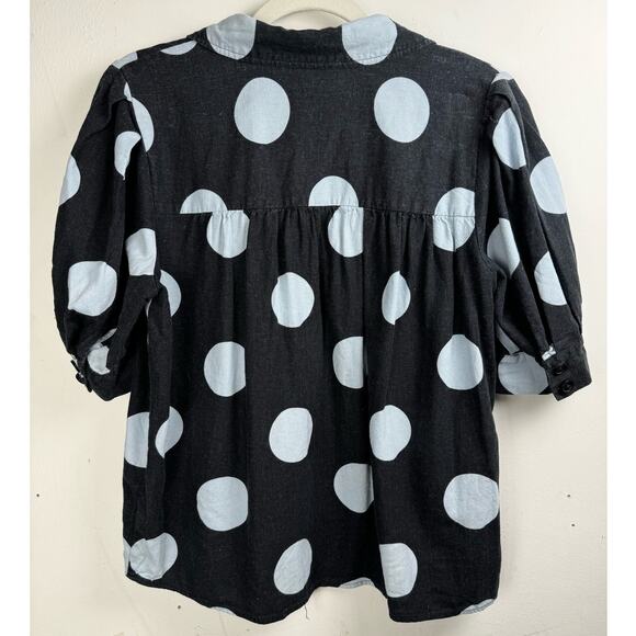 Who What Wear Linen Blend Polka Dot Puff Pleated Sleeve Preppy Button Up Blouse - Picture 2 of 8